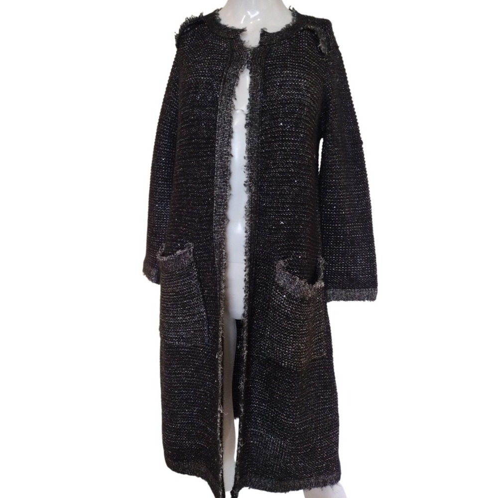 Zara Cardigan Woman S Black Knit Silver Metallic Rock Open‎ Long Pockets Raw Hem